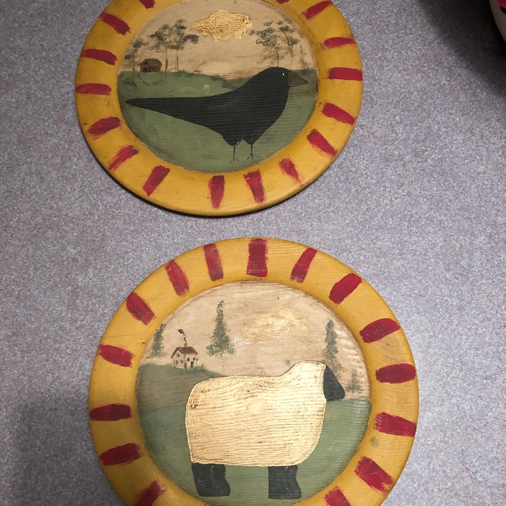 Primitive Wooden Hand Painted Plates